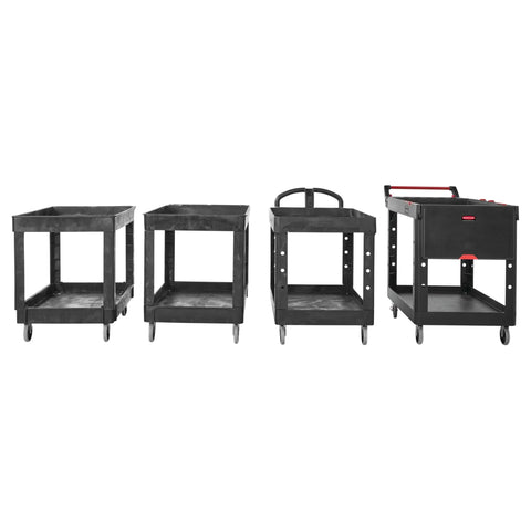 Four two shelf utility carts with lipped shelves and standard handle heavy duty 500 lb capacity for jobsite shop floor warehouse