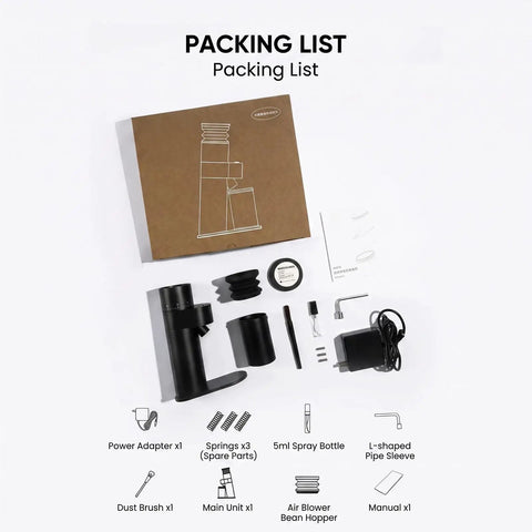 Packing list for Single Dose Burr Coffee Grinder includes main unit, accessories, and instructions for smooth espresso shots.