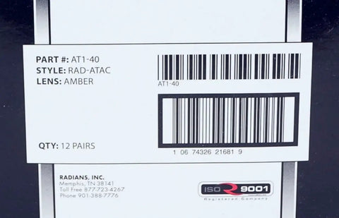 Packaging for Heavy Duty Amber Safety Glasses With Rad Atac Coating, detailing part number, style, and lens color.