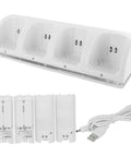 4 In 1 Battery Charging Station For Wii And Wii U Remotes With 4 Rechargeable Battery Packs And USB Cable No More Dead Batteries Fast Charge Easy Swap Keeps Your Game Time Rolling Controllers Not Included. White charger with cable and battery packs.