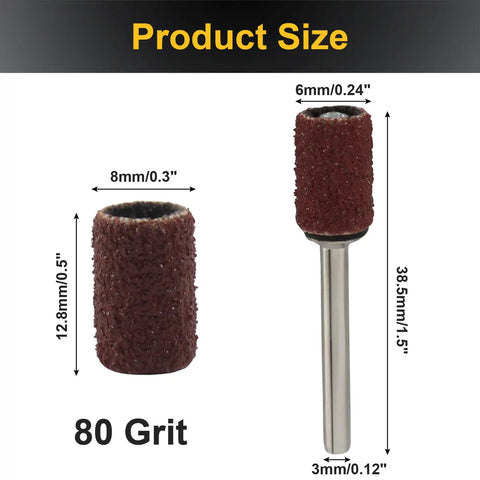 Pro Grade 80 Grit One Quarter Inch Sanding Drum Set with dimensions and specifications shown for rotary tools.