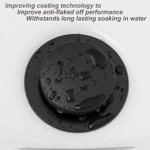 Tap To Open Close Bath Drain Trim Kit In Matte Black Two Hole Faceplate in water with coating technology text
