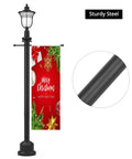 Heavy Duty Steel Cross Arm Bracket For Lamp Posts mounted on a garden pole with a Christmas banner, showcasing sturdy black powder-coated steel.