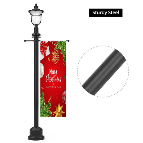 Heavy Duty Steel Cross Arm Bracket For Lamp Posts mounted on a garden pole with a Christmas banner, showcasing sturdy black powder-coated steel.