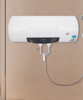 Rock Solid 15.9 Gallon Electric Water Heater With 1500 Watt Fast Heating Element mounted on a wall with a shower kit.