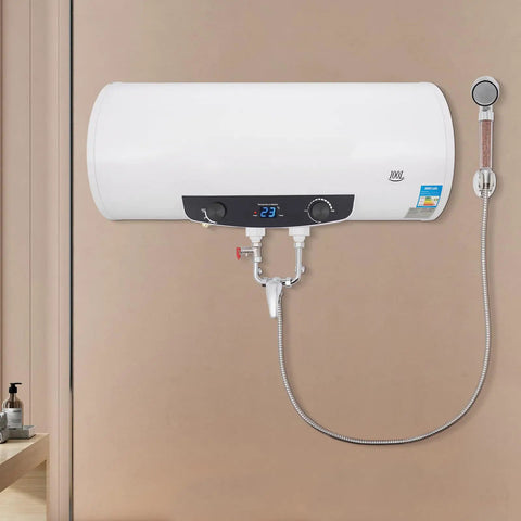 Rock Solid 15.9 Gallon Electric Water Heater With 1500 Watt Fast Heating Element mounted on a wall with a shower kit.