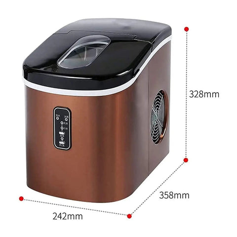 Heavy Hitter Countertop Ice Maker Churning Out Sixteen Kilos Daily With Nine Ice Cubes Ready In Just Thirteen Minutes Auto Self Cleaning Compact Design Includes Scoop And Basket side view with dimensions