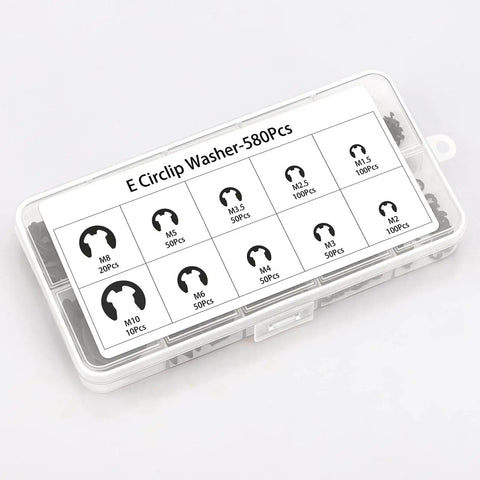 580 Piece Black Alloy Steel E Clip Set With 10 Size Assortment M1.5 To M10 for bearings, in a labeled storage box