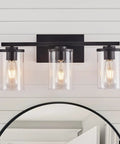 Three Light Vanity Light Fixture With Clear Glass Shades Slick Matte Black Wall Sconce For Bathroom Mirror Hallway Bedroom And Living Room Farmhouse Style Vanity Lighting