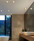 Interior view of a bathroom featuring 12 Pack Real Deal Copper LED Recessed Ceiling Lights, 12W Dimmable Downlights.