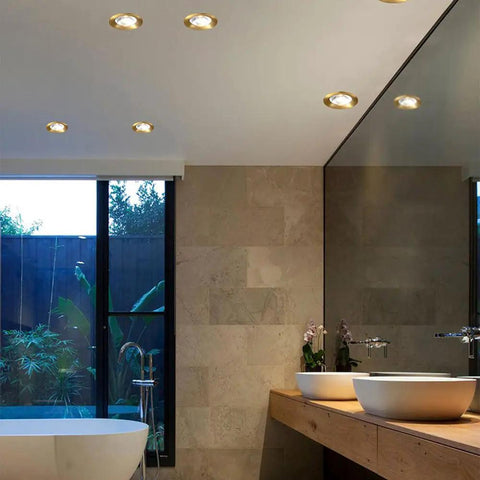 Interior view of a bathroom featuring 12 Pack Real Deal Copper LED Recessed Ceiling Lights, 12W Dimmable Downlights.