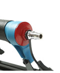 Close-up of air connection on Lightweight Oil Free Pneumatic Staple Gun And Straight Nail Tool Pro Brad Nailer For Woodworks No Fuss Heavy Duty Build With Grippy Handle And Smooth Trigger 10 To 50 Mm.