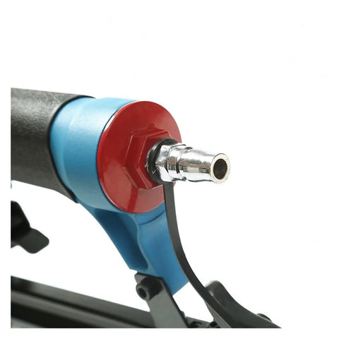 Close-up of air connection on Lightweight Oil Free Pneumatic Staple Gun And Straight Nail Tool Pro Brad Nailer For Woodworks No Fuss Heavy Duty Build With Grippy Handle And Smooth Trigger 10 To 50 Mm.