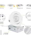 Gimbal 4 Inch LED Recessed Lights 6 Pack Dimmable With Junction Box Adjustable Airtight IC Rated ETL Listed 9W 750LM 5 CCT Selectable Recessed Lighting Kit For Home with adjustable tilt and beam angle.