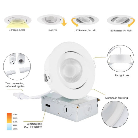 Gimbal 4 Inch LED Recessed Lights 6 Pack Dimmable With Junction Box Adjustable Airtight IC Rated ETL Listed 9W 750LM 5 CCT Selectable Recessed Lighting Kit For Home with adjustable tilt and beam angle.