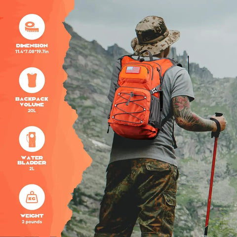 Back view of hiker wearing Dope Lightweight Hydration Hiking Backpack With 2L Water Bladder 20L Daypack Featuring Multi Pocket Design.