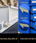 Garage Ready Steel Tool Cabinet With Smooth Roll Casters And Secure Latch System showing heavy-duty slide rail and automatic anti-slip hook.