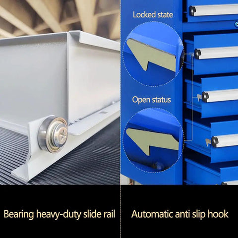 Garage Ready Steel Tool Cabinet With Smooth Roll Casters And Secure Latch System showing heavy-duty slide rail and automatic anti-slip hook.
