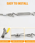 Installation steps for Heavy Duty 98 Ft Nylon Coated Stainless Steel Aircraft Cable Wire Rope Kit with turnbuckles and hardware.