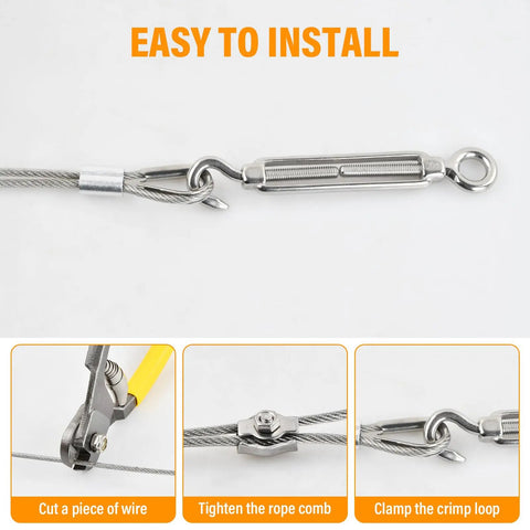 Installation steps for Heavy Duty 98 Ft Nylon Coated Stainless Steel Aircraft Cable Wire Rope Kit with turnbuckles and hardware.