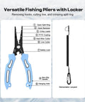 Front view of blue-handled fishing pliers with locking mechanism, plus retractable lanyard and carabiner