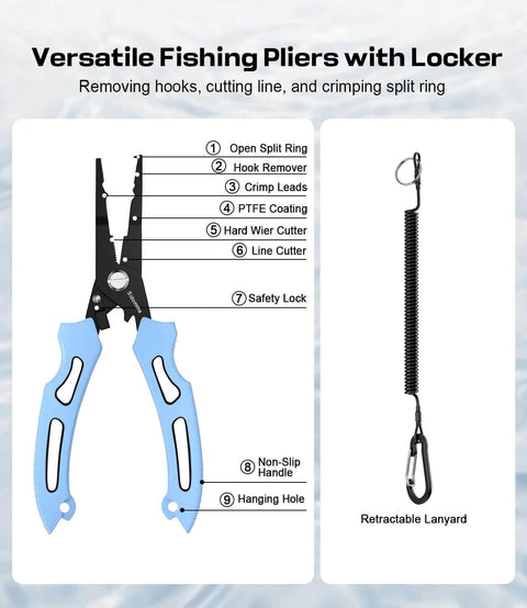 Front view of blue-handled fishing pliers with locking mechanism, plus retractable lanyard and carabiner