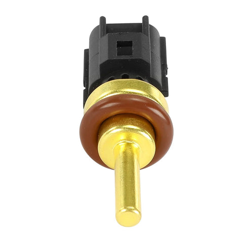Front view: A-Premium engine coolant temperature sensor with brass stem, brown O-ring, black connector.