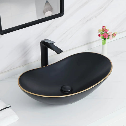 Large Matte Black Oval Vessel Sink With Gold Trim And Pop Up Drain For Above Counter Bathroom Use, Ceramic Vessel Sink
