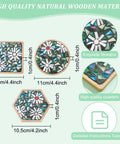 Three Styles DIY Mosaic Coaster Kit No Glue Needed for Adults and Beginners With Bamboo Round Square Hex Bases shown with dimensions