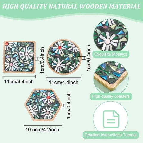 Three Styles DIY Mosaic Coaster Kit No Glue Needed for Adults and Beginners With Bamboo Round Square Hex Bases shown with dimensions