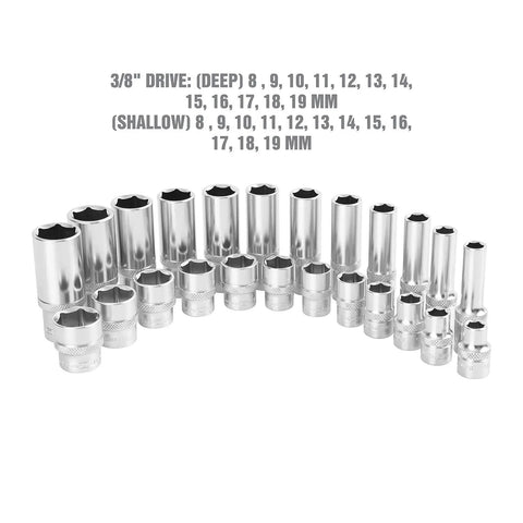 24 Piece Metric Socket Set With Deep And Shallow Sockets 8mm To 19mm Thin Wall Design for Tight Spaces