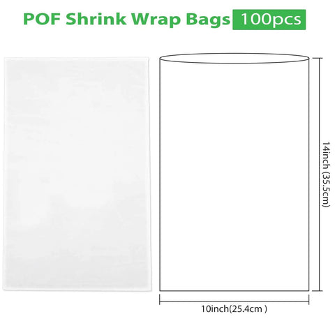 Straight Fire 100 Pack Heavy Duty Heat Shrink Wrap Bags 10 X 14 Inches Crystal Clear Odorless POF Film Covers shown with dimensions.