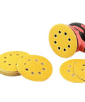 5 Inch 125mm 8 Hole Yellow Sanding Disc For Metal Woodworking Projects, High Grit Abrasive Paper Pad Set Of 10 Pieces For Smooth Finish And Fast Grinding Tasks with powered tool and discs.