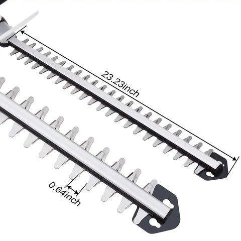 Close-up of Beast Cordless Hedge Trimmer With 21 Inch Blade showing blade teeth and dimensions for precise pruning.