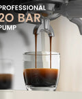 Top Shelf Espresso Machine With Built In Burr Grinder And 20 Bar Pump pouring espresso into a clear glass.