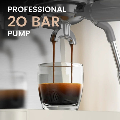 Top Shelf Espresso Machine With Built In Burr Grinder And 20 Bar Pump pouring espresso into a clear glass.