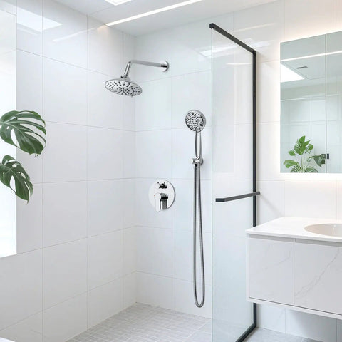 Two In One Shower System With 3 Setting High Pressure Rain Head And 8 Mode Handheld Spray Wall Mounted Chrome Fixture