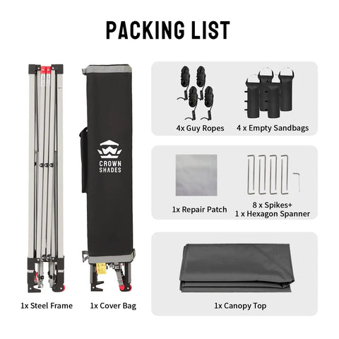 Pop Up Canopy With One Push Center Lock Technology 10x10 ft packing list including steel frame, cover bag, ropes, sandbags