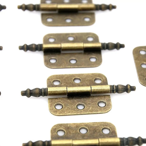 Eight Piece Vintage Antique Brass Flap Hinges With Lengthened Axis For Wooden Boxes Jewelry Cases Cabinets And Cupboards, Overall Length About Two And Three Quarters Inches, Plate Length One And Half Inches, Open Width One And Eleven Thirty Seconds displayed in a set