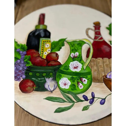 Hand Painted 13 Inch Lazy Susan With Wine And Fruit Design, Bamboo Turntable Serving Tray with vibrant fruit and wine art.