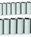 24 Piece Half Inch Drive Metric Deep Six Point Socket Set Built For Auto Repair And Home DIY Projects visible in two rows