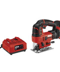 Snag This 20V Cordless Jigsaw With Battery And Fast Charger For Knocking Out Clean Straight And Curved Cuts Heavy Duty Workhorse Power Saw For Weekend Builders And Pros, displayed with rapid charger.