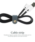 Five Piece Artificial Leather Cable Organizer Straps Wrap Up Messy Headphone And Charging Cables Smoothly with black USB cable and blue strap.