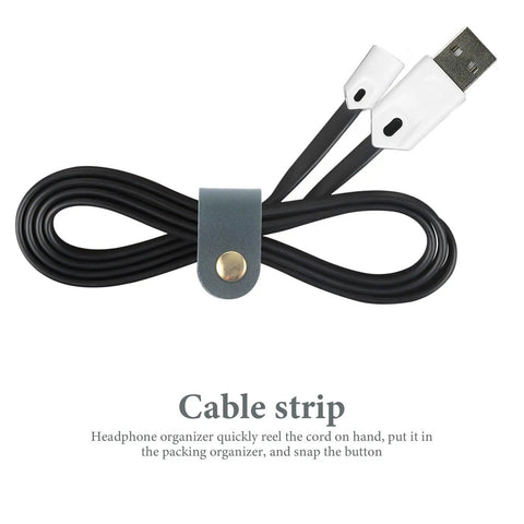 Five Piece Artificial Leather Cable Organizer Straps Wrap Up Messy Headphone And Charging Cables Smoothly with black USB cable and blue strap.