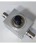 Right-angle gearbox, square silver aluminum housing, front view with dual 15mm shafts extending left and right.