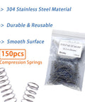 150Pcs Compression Springs Set 304 Stainless Steel with packaging and springs, 0.3mm wire diameter, 4mm outer diameter, 25mm length