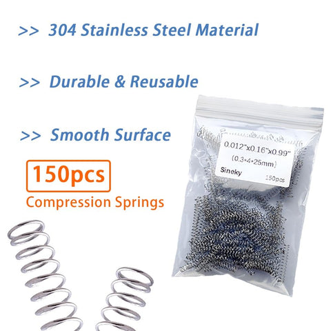 150Pcs Compression Springs Set 304 Stainless Steel with packaging and springs, 0.3mm wire diameter, 4mm outer diameter, 25mm length