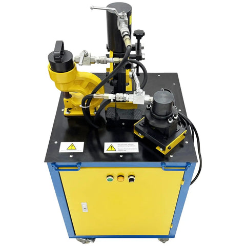 3 In 1 Electric Hydraulic Angle Iron Processing Workhorse Knockout Power Punch with hydraulic components and control panel for metal fabrication.