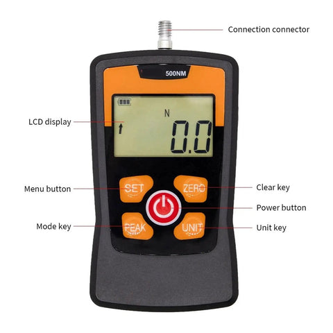 Force Gauge Tension Tester With 100N And 500N Capacity A Must Have Tool For Compression And Tension Four Units Newton Kilogram Pound Ounce Adjustable Acceleration For Precise Testing. handheld 500N digital force gauge with LCD display and buttons