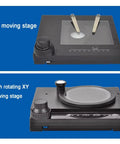 Manual Gliding Stage For Microscopes With XY Travel Pro Grade Slide Table showing top and side views with rotating stage.